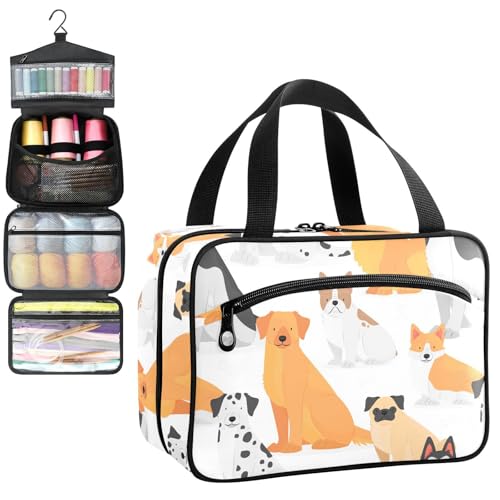 YNNALE Sewing Supply Organizer Bag, Dog Golden Retriever Dogs Portable Sewing Bags with Pockets&Hanger, Sewing Storage Box Case for Sew Supplies/Kit/Tools/Accessories (BAG ONLY)