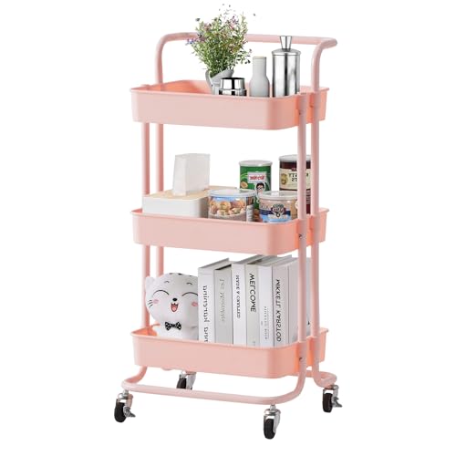 TUKAILAi 3-Tier Storage Trolley Cart Kitchen Utility Cart with Ergonomic Handle and Wheels Serving Trolley Organizer Rack for Kitchen Bathroom Laundry Bedroom,Pink