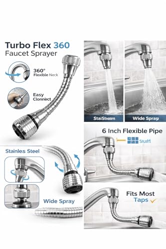 Image of Turbo Flex 360 Flexible Faucet Sprayer - 360 Rotating Kitchen Sink Attachment with Dual Spray Modes (Jet & Wide), Stainless Steel Chrome Finish, Universal Fit (Silver)