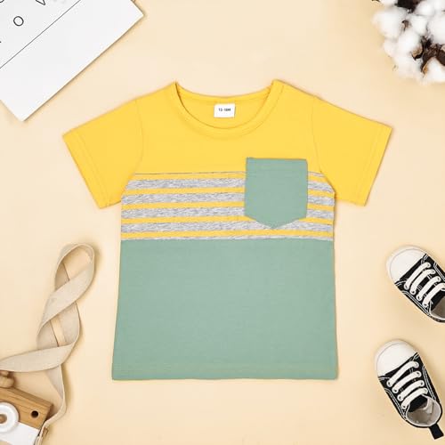 Image of FOCUTEBB Toddler Boy Clothes Summer Patchwork T-Shirt Shorts 2Pc Set 12M-5T | Soft Cotton Short Sleeve Set, Patchwork Design, Comfy Elastic Waist with Pocket, Toddler Boy Summer Casual Daily Wear