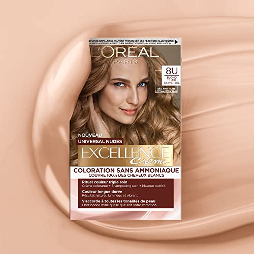 L’ORÉAL PARIS - Coloration Cheveux Cheveux Permanente - Sans Ammoniaque - Couvre 100% des Cheveux Blancs - Excellence Crème Universal Nudes - Nuance : Blond Clair Universel (8) (Lot de 2)