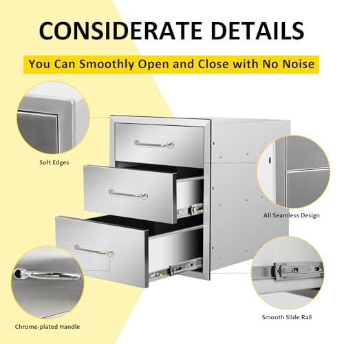 Image of Outdoor Kitchen Drawers 18 inch W x 21 inch H x 21 inch D Flush Mount Triple BBQ Drawers with Chrome Handle Stainless Steel Drawer for Outdoor Kitchen Island, Patio Grill Station