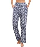 Vlazom Women's Pyjama Bottoms Soft Cotton Lounge Pants Print Wide Leg Long Pj Trouser with Pockets Drawstring Grey Chamomile,M