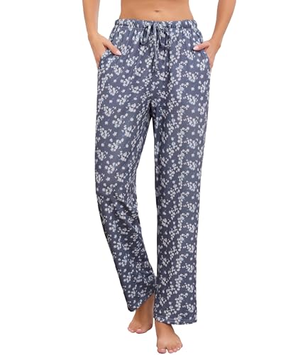 Image of Vlazom Women's Pyjama Bottoms Soft Cotton Lounge Pants Print Wide Leg Long Pj Trouser with Pockets Drawstring Grey Chamomile,M
