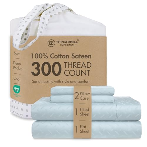Image of Threadmill 300 Thread Count Cotton King Sheet Set, Sateen, Jacquard, Blue | 100% Cotton, Sateen Weave, Jacquard Pattern, 4-Piece Set, 16 inch Deep Pocket, Cooling, Breathable, All-Season, Lightweight
