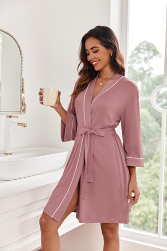 Image of Ekouaer Women Kimono Robes Knee Length Knit Bathrobe Lightweight Soft Sleepwear V-neck Casual Ladies Loungewear