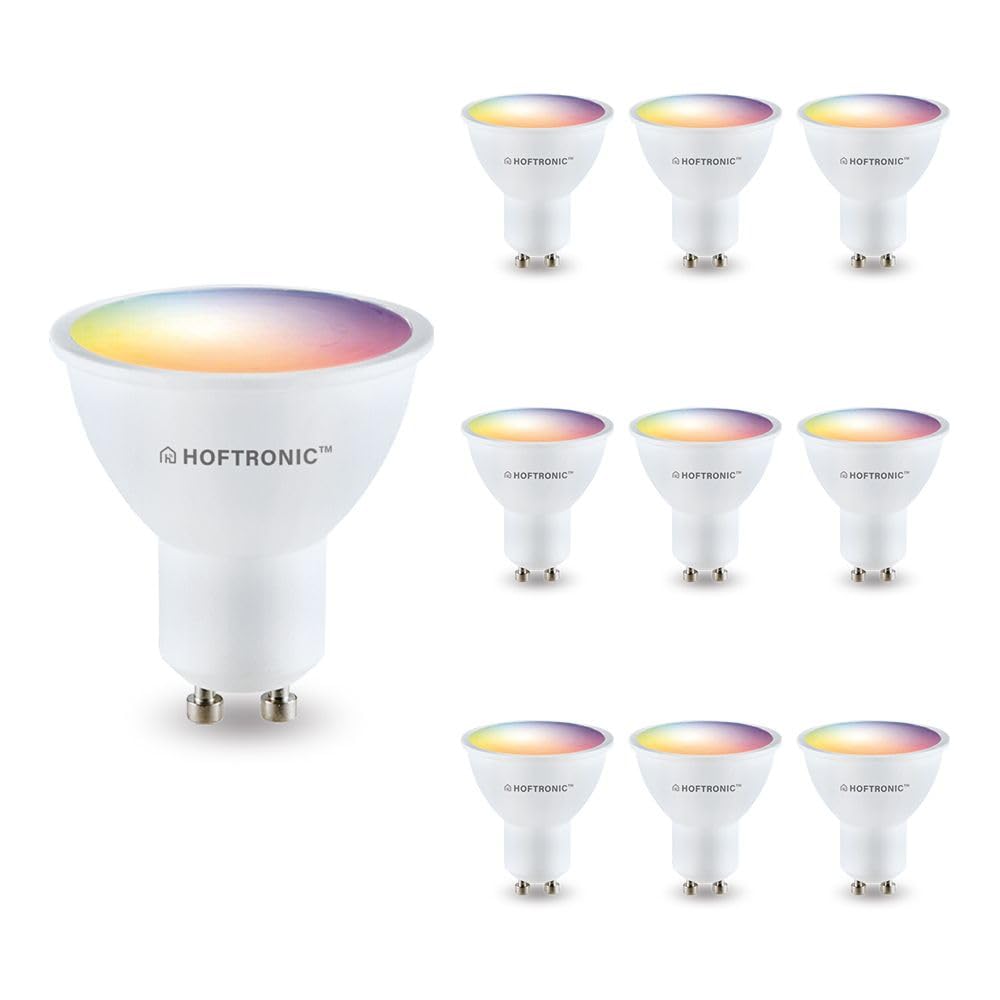 HOFTRONIC - Confezione risparmio da 10 faretti LED Smart Home GU10 – WiFi + Bluetooth – Colorato RGBWW – Controllabile tramite telefono cellulare e lingua (Google Home, Amazon Alexa e Siri)