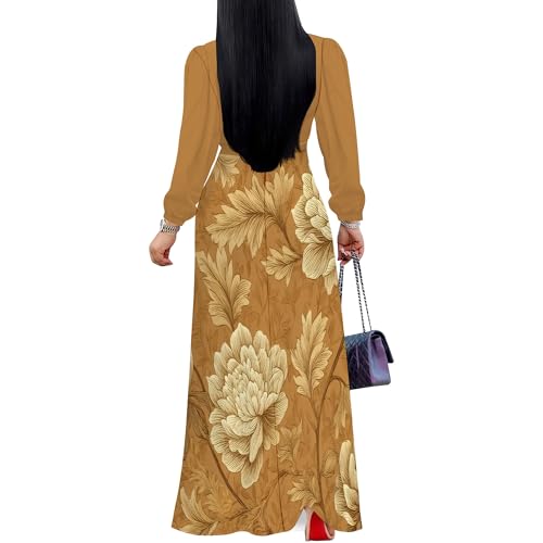 Image of Women's Plus Size Maxi Dresses Long Sleeves V Neck Floral Print Bohemian Swing Long Dress with Belt