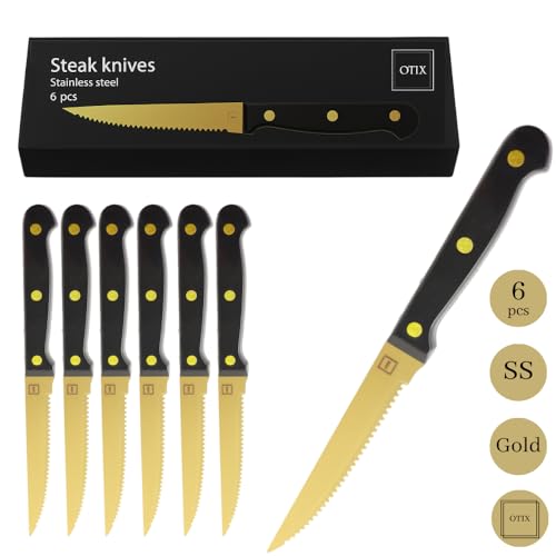 OTIX Steakmesser Set 6-teilig Gold Schwarz Spülmaschinenfest Steakmesser Set Edelstahl