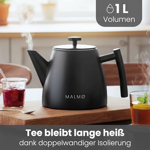 MALMØ Teekanne mit Siebeinsatz - Teekanne Thermo Doppelwandig - Teebereiter mit Sieb aus 304 Edelstahl - Tee Kanne 100% Tropffrei – Bild 2