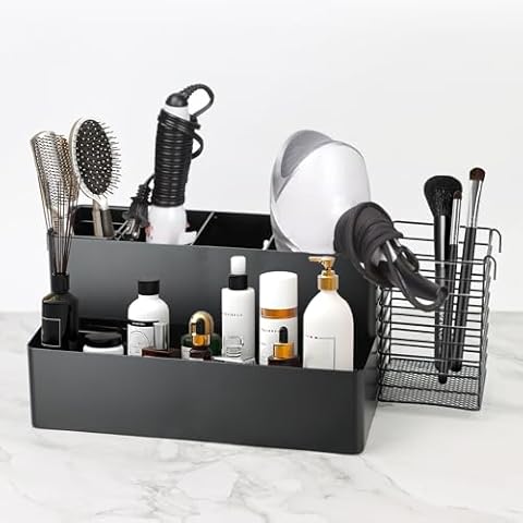 BUSOKIP Hair Tool Organizer Countertop Hair Dryer Holder Wall Mount 12.2" x 7" x 5.7" Bathroom Blow Dryer Holder with 2 Extra Baskets Makeup Cosmetic Storage for Heated Styling Tools (Black) Cover