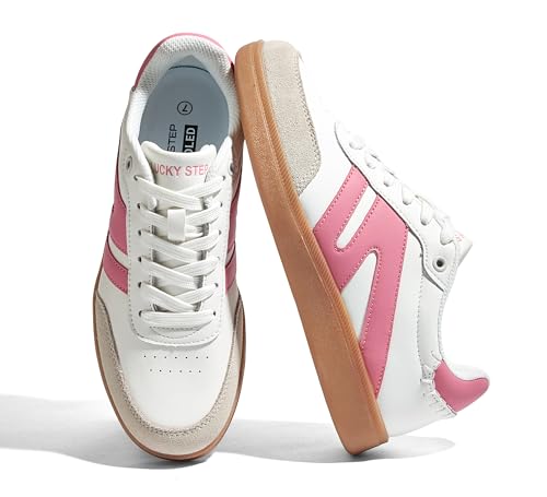 Image of LUCKY STEP Women Retro Gum Sole Fashion Sneakers | Genuine Leather Classic Tennis Skate Walking Shoes Anti Slip Trainers