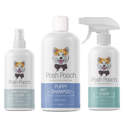 Puppy Pack Bundle | Natural Puppy Shampoo, Anti Chew Spray & Baby Powder Cologne | Posh Pooch® | PACK OF 3 | Allergen Free Vegan Cruelty Free Ingredients, For Young Puppies With Sensitive Skin