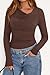 PRETTYGARDEN Women's Long Sleeve Cowl Neck Ribbed Knit Fall Shirts Slim Fit Ruched Going Out Crop Tops Basic T-Shirts(Brown,Small)