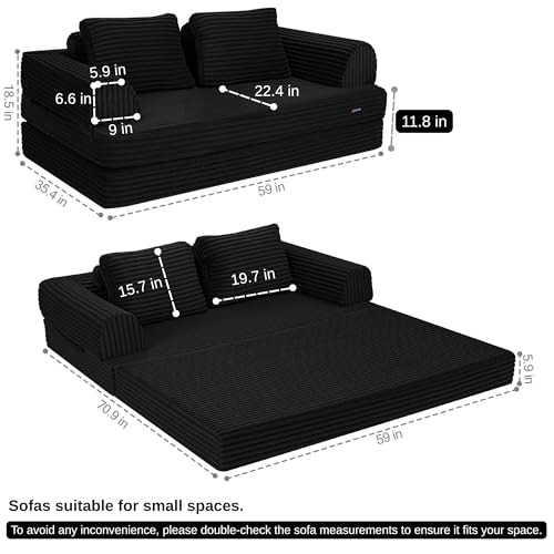 Image of COMAX Convertible Sofa Bed, Folding Floor Couch Corduroy Fold Out Couch Bed Futon Sleeper Mattress with Pillows, Boneless Sofa Comfy Lounge Loveseat for Living Room Bedroom, Plush Black