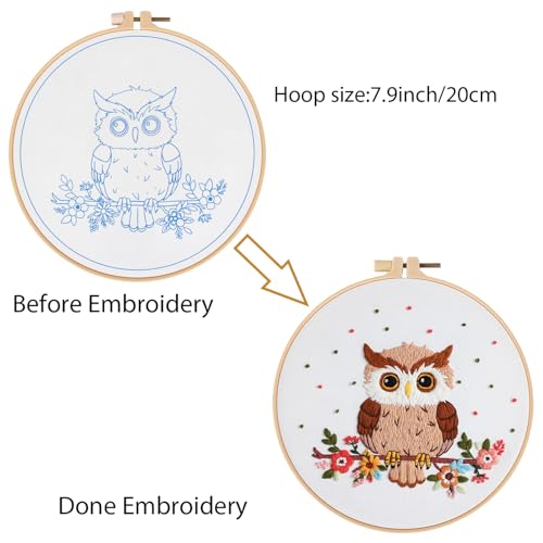 Image of Louise Maelys Owl Embroidery Kits for Beginners with Floral Pattern,Adults Starter Cross Stitch Kit DIY Needlepoint
