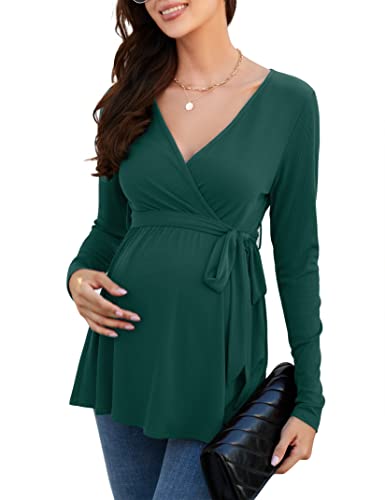 KOJOOIN Camiseta de lactancia para mujer, cuello en V, camiseta de maternidad, manga larga, con cinturón, ropa de maternidad (embalaje múltiple), Verde oscuro (manga larga), L