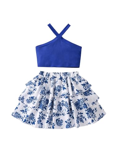 Image of Floerns Girl's 2 Piece Outfit Rib Knit Cami Top and Tiered Layered Skirt Set