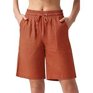 Shorts Damen Leinen Baumwolle Shorts Freizeit Bermuda Kurze Hose knielange High Waist Bequeme Sommershorts mit Taschen 10“