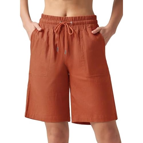 Shorts Damen Leinen Baumwolle Shorts Freizeit Bermuda Kurze Hose knielange High Waist Bequeme Sommershorts mit Taschen 10“