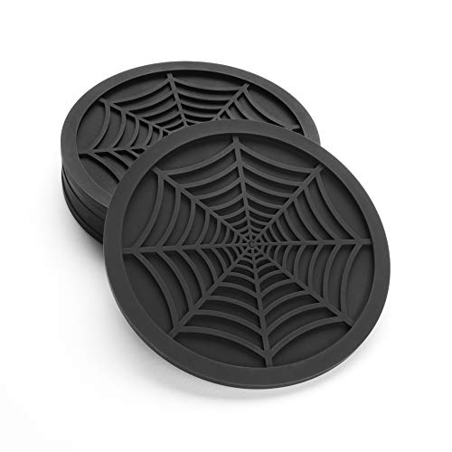 Silicone Coasters For Drinks - 6 Pack Unique Design Spider Drink Coasters 4 Black Coaster Set by COASTERFIELD