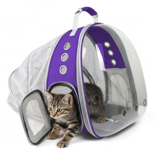 PETSWEET Cat Backpack Carrier, Back Expandable Pet Backpack with Bubble Window, Airline Approved Pet Travel Bag for Small/Medium Cats & Puppies, Hiking, Camping, Outdoor Use (Purple)