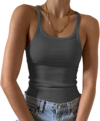Feziakuk Camiseta sin mangas para mujer, sexy, sin mangas, acanalada, básica, monocolor, camisola de verano, gris, L
