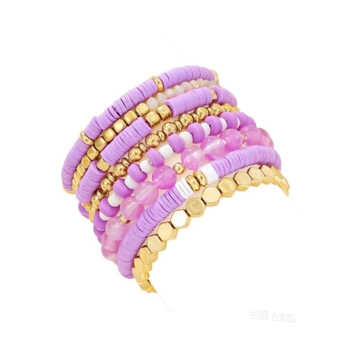 Image of Sither Heishi Clay Bead Bracelets Pack for Women Boho Friendship Stretch Bracelets Set Purple Gold Bracelets Jewelry for Daily Christmas Gift