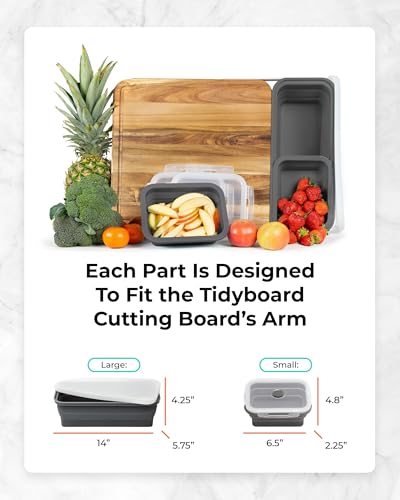 Tabla de Cortar para Preparación de Comidas TidyBoard con Contenedores - Tabla de Madera de Acacia con Contenedores y Tapas de Silicona - Estación para Preparación de Comidas - Tabla de Cortar para Colocar sobre el Fregadero (Pack Base, Gris) miniatura 4