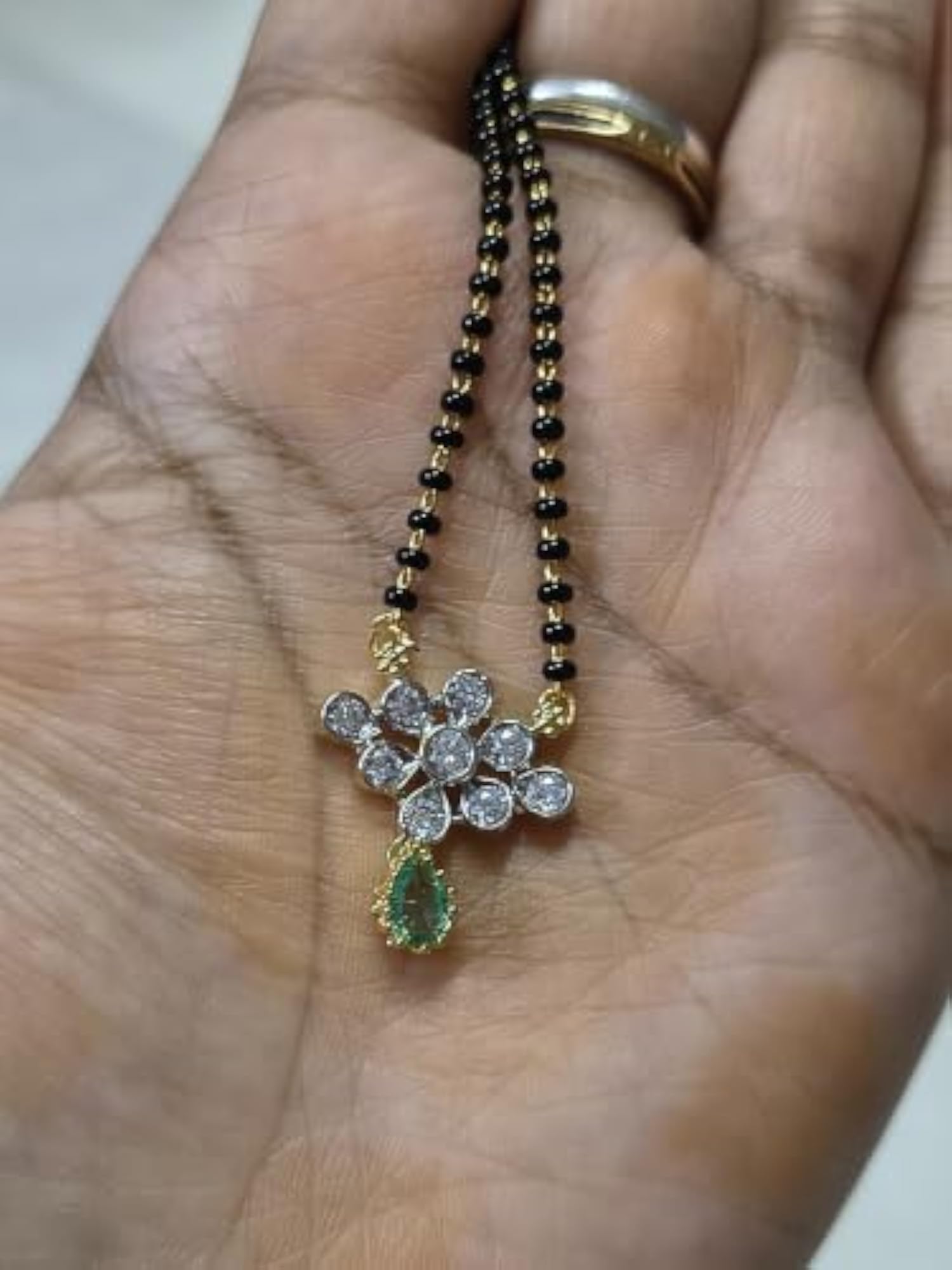 American Diamond Pendant with Sea Green Stone Mangalsutra