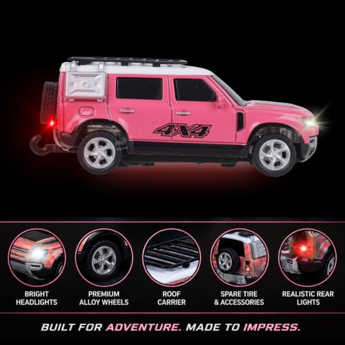 Image of 1:64 Scale RC 4x4 SUV Alloy Die-Cast Remote Control Car - 2.4GHz Rechargeable Off-Road Crawler with LED Lights | Roof Rack Spare Tire for Kids 6+ Years (Pink)