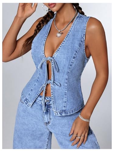 MakeMeChic Women's Tie Front Denim Vest Deep V Neck Sleeveless Crop Denim Top3