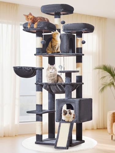 Image of Taoqimiao 76-Inch Cat Tree XXL for Large Cats, Giant Cat Tower with Scratching Board, Extra-Large Metal Hammock, 3 Perches, 7 Sisal Posts, 2 Big Condos, Hanging Basket, Smoky Gray, MS047G