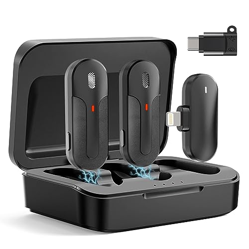 MAXDORIA Wireless Lavalier Microphone, 2 Pack Wireless Clip Microphone for iPhone iPad Type-C Phone, Mini Lavalier Mic with 600mAh Charging Case for Video Recording, Interview, Tiktok, YouTube