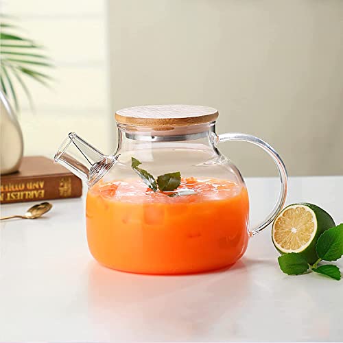 KHOLAD Glass Teapot with Bamboo Lid, Glass Kettle Stovetop & Microwave Safe, Removable Filter Spout for Loose Leaf and Blooming Tea and Fruit Tea (Tea Pot with Wooden Lid & Filter Spout - 1000ml)