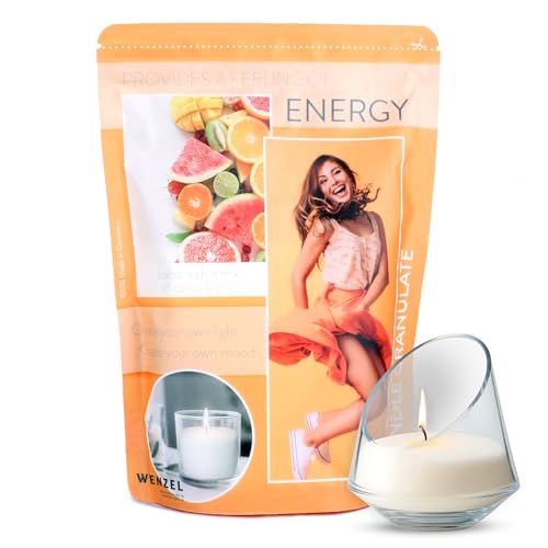 Wenzel Pearled Candle Wax granules 400g – 4 Scented Energy (Citrus Fruits) incl. Wicks & Guide – DIY Making kit - Sand Wax-Candle Refill – Made in Germany