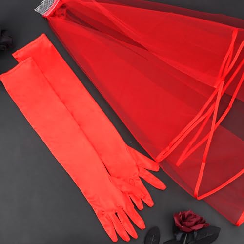 Semato Red Gloves and Red Veils for Women Bride Wedding Halloween Costume Party Accessories4