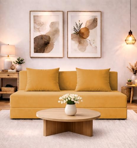 Image of Adorn India Easy 3 Seater Sofa Cum Bed | Velvet Fabric | Yellow | Plain Design | 6x5 Ft | Comfortable Seating | Washable Cover | Perfect for Home & Office