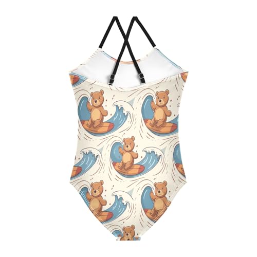 Bear Surfing on Beach Girls One-Piece Swimsuit Beach Bathing Suit2