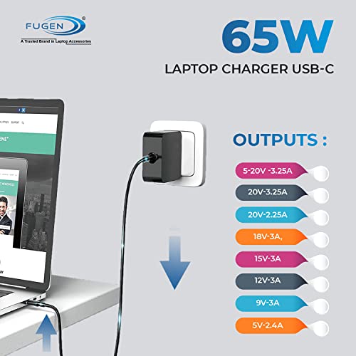 Image of Universal Wall 65W (5V-20V) 5V /3A, 9V /3A, 15V /3A 20V /3.25A USB C Type Adapter Laptop Charger Compatible for Dell Lenovo Acer HP Asus Acer Laptop Notebooks, Black