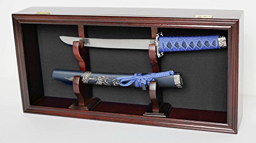 Display Case Wall Mounted Cabinet for Dagger, KA-BAR Knife, or Short Sword, Mahogany Finish (Black Felt Background)