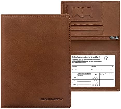 Genuine Leather Passport Holder Cover - Case RFID Blocking Real Leather Passport Wallet with Zipper Slot Fit for 4 X 3 Inches Immunization Record Card (red-brown)