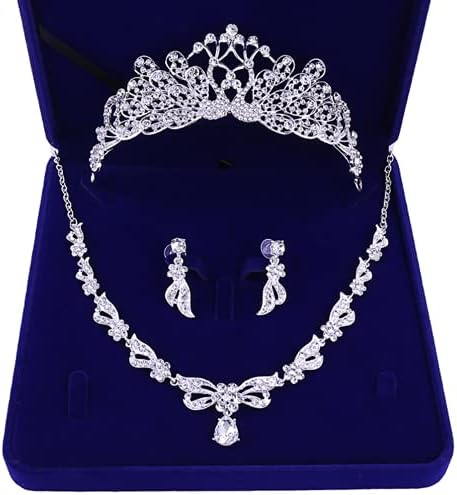 Cathercing Bridal Rhinestone Crown Tiara Crystal Necklace Earrings Set for Wedding Dress Shining Headband Hair Accessories Jewelry for Wedding Pageant Prom Princess Queen Theme Party (Peacock)