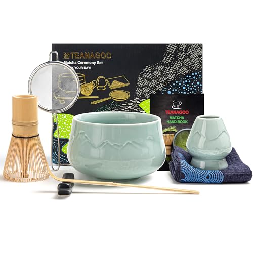 TEANAGOO Matcha Set (7pcs) Matcha Whisk Mtacha Kit Matcha Bowl with Pouring Spout Bamboo Matcha Whisk (Chasen) Scoop (chashaku) Whisk Holder. N26, Celadon Blue, Matcha Green Tea Powder…