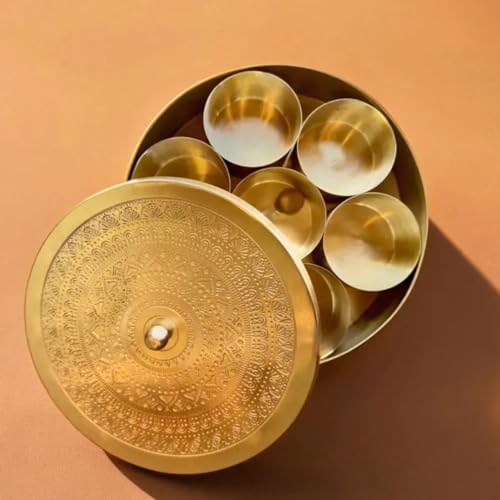 AD ARTS Handcrafted Vintage Brass indian spice masala Containers With 7 Spice Box Set with Spoon, Brass Lid Kitchen Masala box