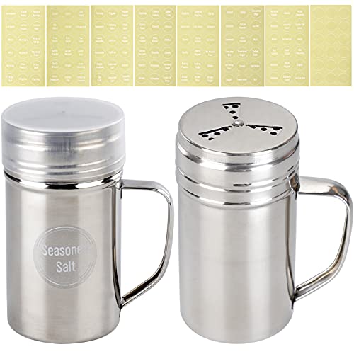 Seasoning Shaker 14 oz with Handle and Lid, Outgeek 2PCS Flour Spice Shaker & 144Label, Metal Salt and Pepper Shakers Dredge Shaker, Cinnamon Powder Sugar Shaker Popcorn Salt Shaker for Kitchen