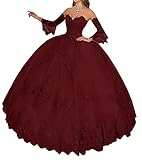 Yukale Women's Sweetheart Quinceanera Dresses Lace Appliques Ball Gown with Detachable Long Sleeve Burgundy