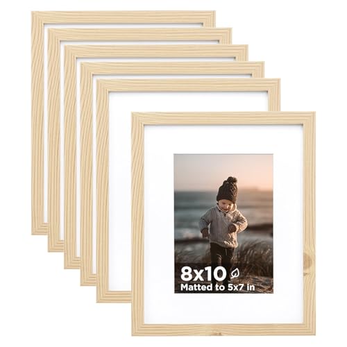KINLINK 8x10 Picture Frame Wood Grain Set of 6 Photo Frames Matted 5x7