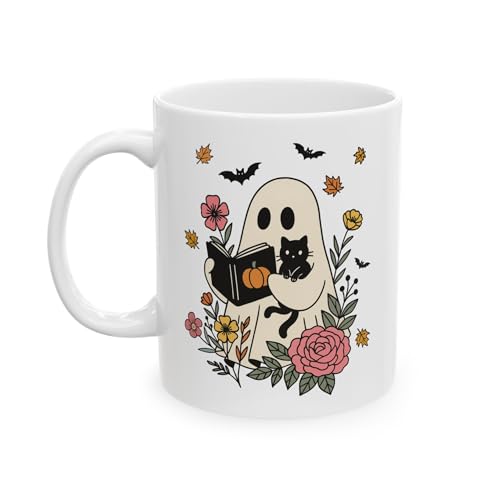 Chabemma Halloween Ghost Cat Book Mug, Spooky Book Lover Coffee Cup, Cute Ghost Reader Gift, Floral Halloween Mug for Women, 11 oz White Ceramic Coffee Mug