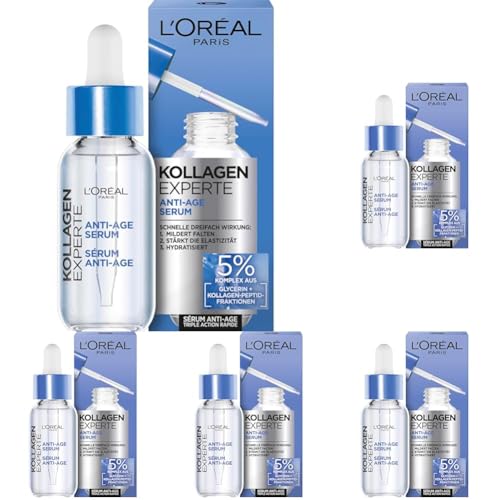 L’Oréal Paris Anti-Age Serum, Milderung von Falten, Feuchtigkeitsspendendes Anti-Aging Serum mit Glycerin und Vitamin C, Kollagen Experte, 30 ml (Packung mit 5)